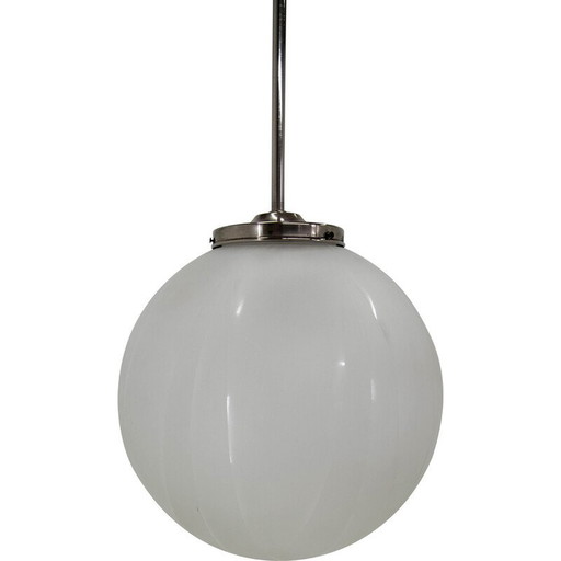 Vintage Art Deco pendant lamp in glass and nickel, 1930s