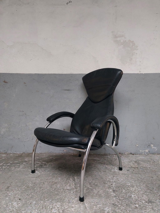 Black Leather Chrome Armchair 80'