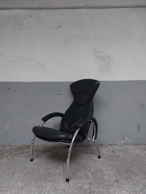 Image 1 of Black Leather Chrome Armchair 80'