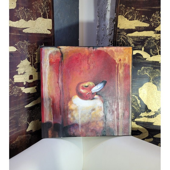 Image 1 of Dipinto d'epoca "Hornacina Roja" di Javier Rodriguez raffigurante una manzana rossa attraversata da un pennacchio 