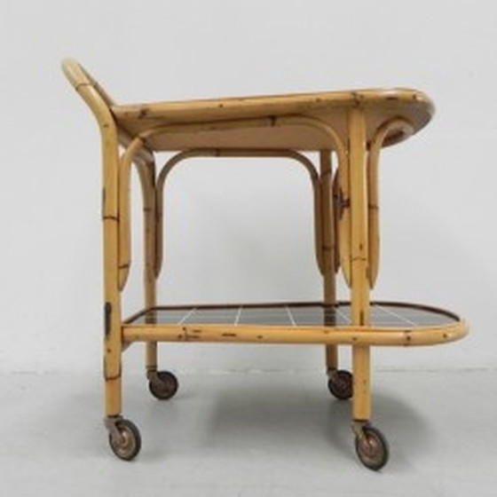 Image 1 of Bamboo, rattan serving trolley on castors - 1950s