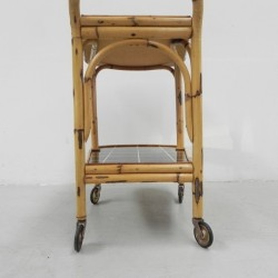 Image 1 of Bamboo, rattan serving trolley on castors - 1950s