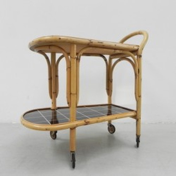 Image 1 of Bamboo, rattan serving trolley on castors - 1950s