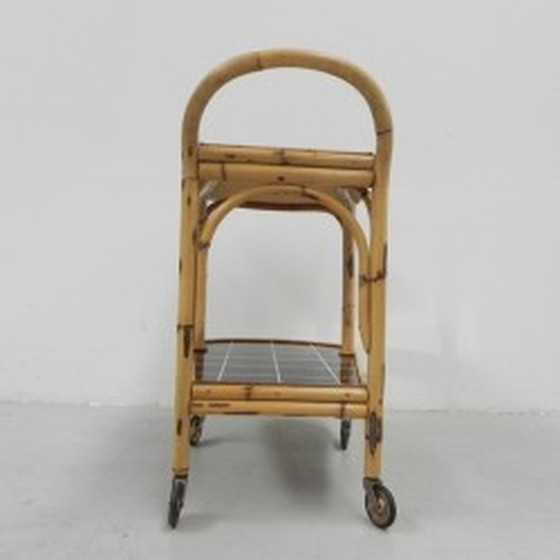 Image 1 of Bamboo, rattan serving trolley on castors - 1950s