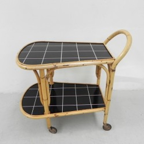 Image 1 of Bamboo, rattan serving trolley on castors - 1950s