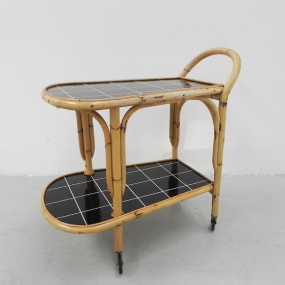 Image 1 of Bamboo, rattan serving trolley on castors - 1950s