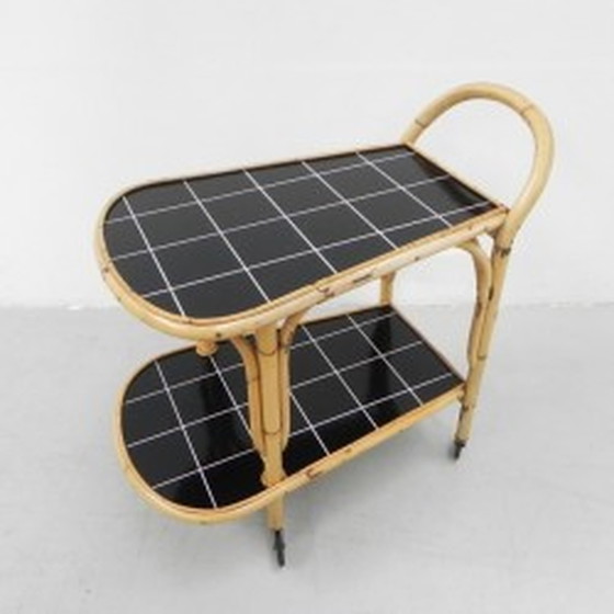 Image 1 of Bamboo, rattan serving trolley on castors - 1950s