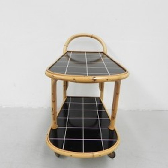 Image 1 of Bamboo, rattan serving trolley on castors - 1950s