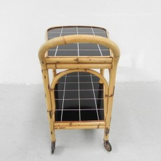 Image 1 of Bamboo, rattan serving trolley on castors - 1950s