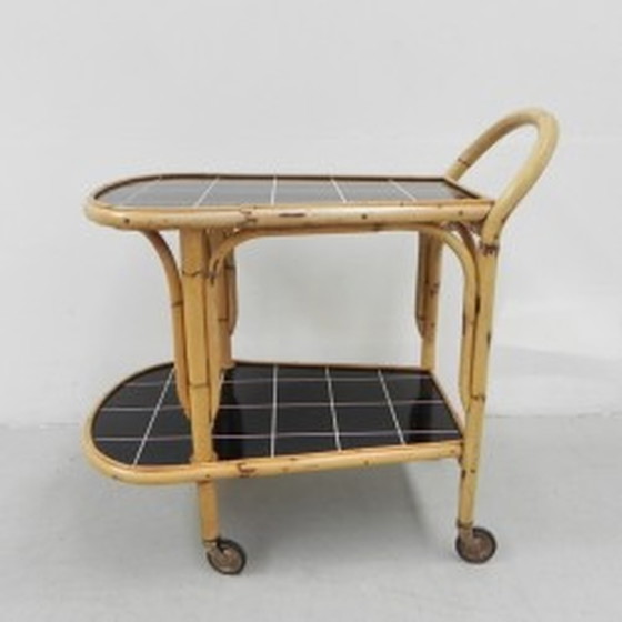 Image 1 of Bamboo, rattan serving trolley on castors - 1950s