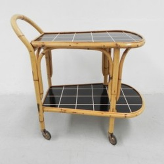 Image 1 of Bamboo, rattan serving trolley on castors - 1950s