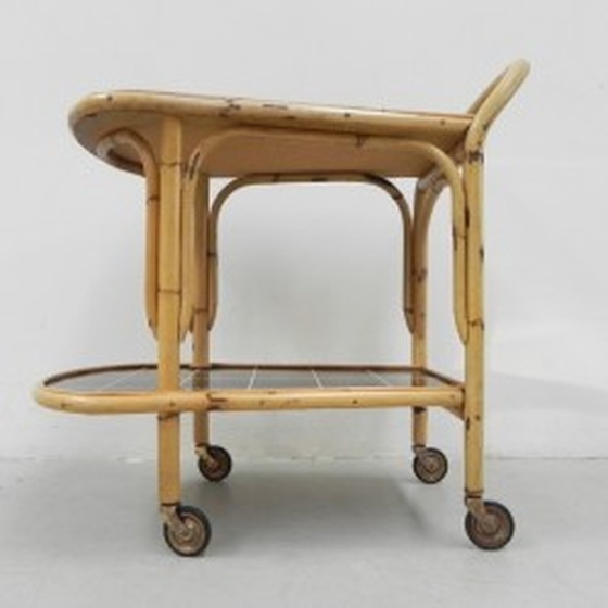 Image 1 of Bamboo, rattan serving trolley on castors - 1950s