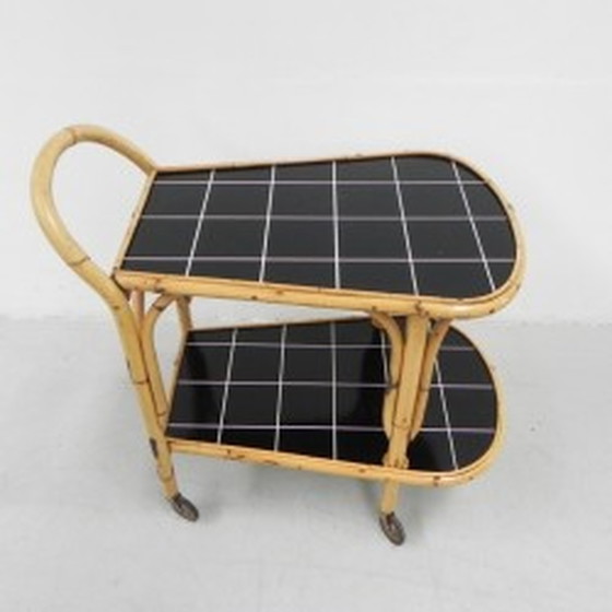 Image 1 of Bamboo, rattan serving trolley on castors - 1950s