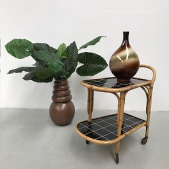 Image 1 of Bamboo, rattan serving trolley on castors - 1950s