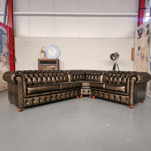 Brighton 3×2 Classic Corner Sofa - Antique Champagne, Leather