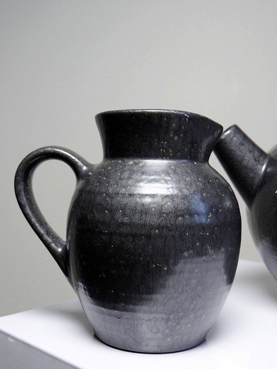 Image 1 of Duo Teapot Ball And Milk Pot Vintage Village Stoneware Gloss Black Enamel