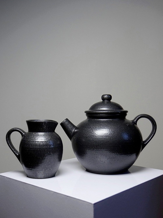 Image 1 of Duo Teapot Ball And Milk Pot Vintage Village Stoneware Gloss Black Enamel