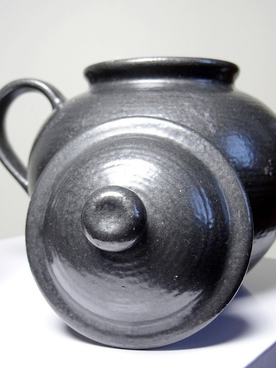 Image 1 of Duo Teapot Ball And Milk Pot Vintage Village Stoneware Gloss Black Enamel