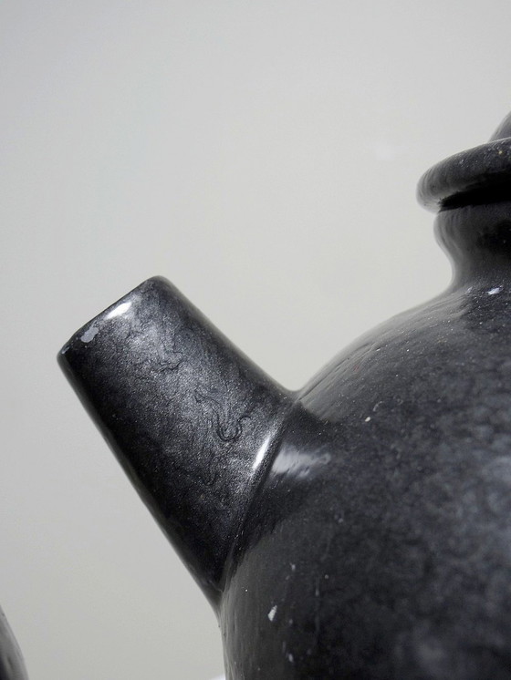 Image 1 of Duo Teapot Ball And Milk Pot Vintage Village Stoneware Gloss Black Enamel
