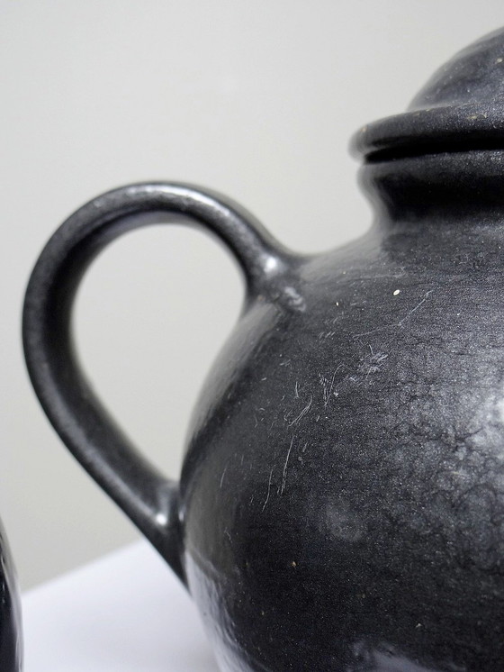 Image 1 of Duo Teapot Ball And Milk Pot Vintage Village Stoneware Gloss Black Enamel