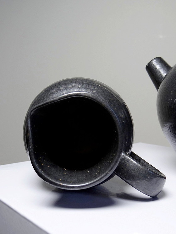 Image 1 of Duo Teapot Ball And Milk Pot Vintage Village Stoneware Gloss Black Enamel