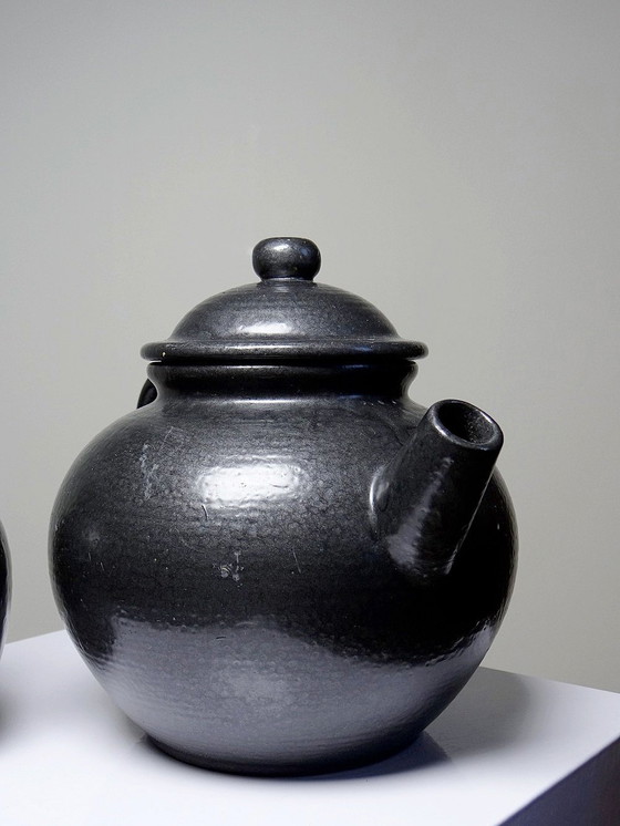 Image 1 of Duo Teapot Ball And Milk Pot Vintage Village Stoneware Gloss Black Enamel