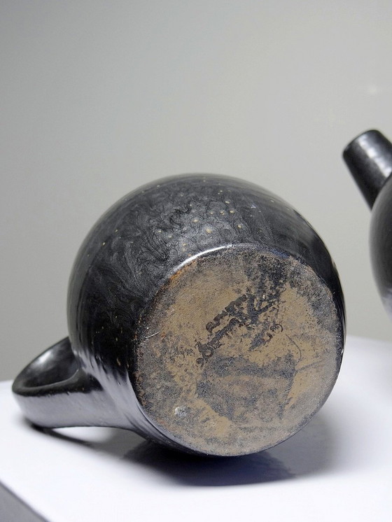 Image 1 of Duo Teapot Ball And Milk Pot Vintage Village Stoneware Gloss Black Enamel