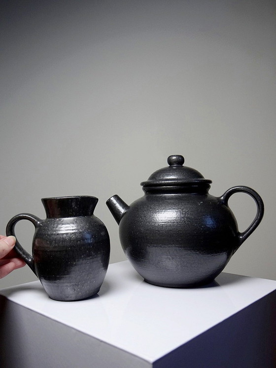 Image 1 of Duo Teapot Ball And Milk Pot Vintage Village Stoneware Gloss Black Enamel
