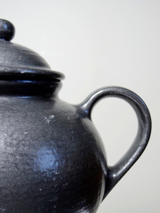 Image 1 of Duo Teapot Ball And Milk Pot Vintage Village Stoneware Gloss Black Enamel
