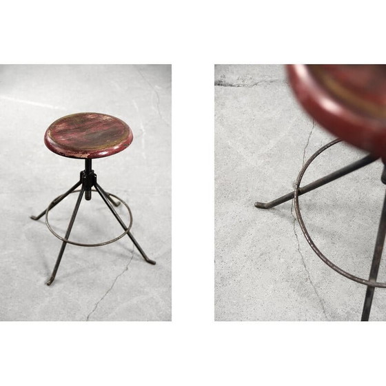 Image 1 of Vintage industrial metal and wood swivel stool, Poland 1950s
