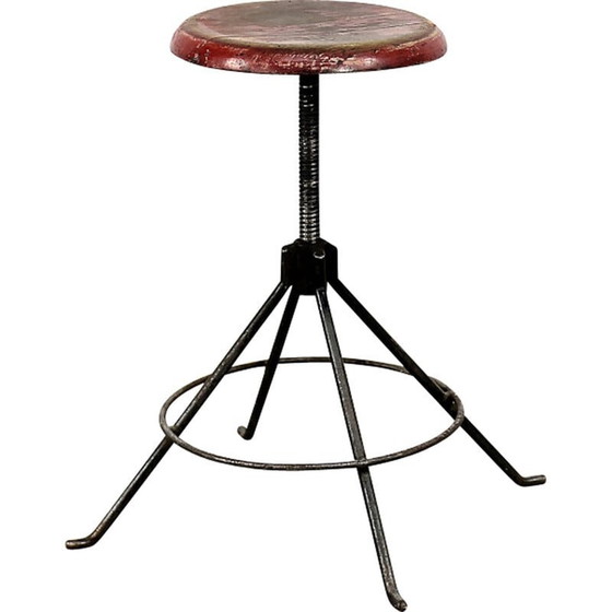 Image 1 of Vintage industrial metal and wood swivel stool, Poland 1950s