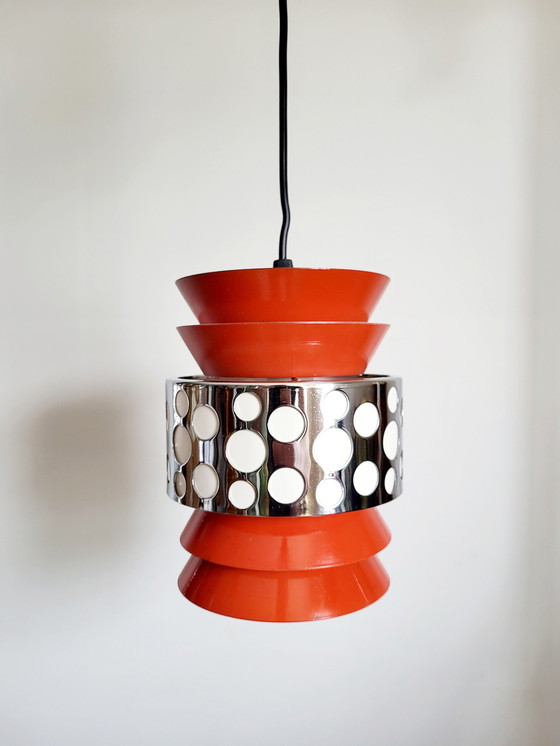 Image 1 of Space age pendant lamp, orange metal, chromé, Massive, Belgium, 1960s-1970s