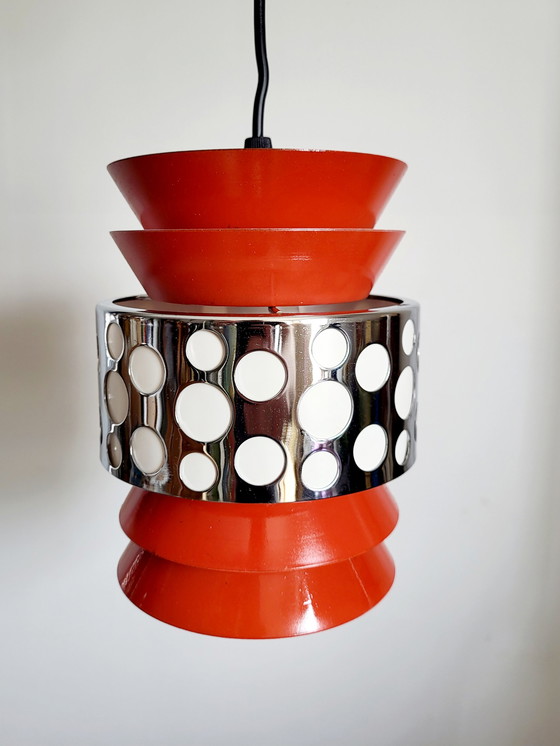 Image 1 of Space age pendant lamp, orange metal, chromé, Massive, Belgium, 1960s-1970s