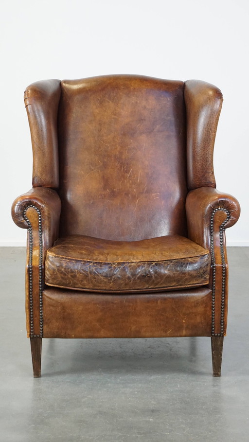 Large Vintage Sheepskin Leather Ear Armchair