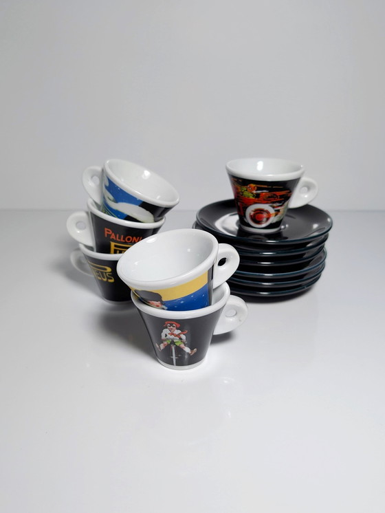 Image 1 of 6X Pirelli Limited Edition Espresso Cups Set 80s 90s Clown Harlequin Pierrot Espresso Cups Italy