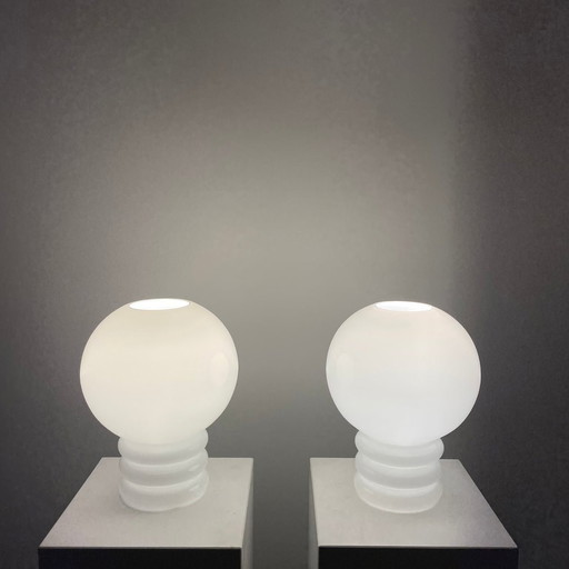 Pair Of White Glass Table Lamps Bulb By Glashütte Limburg 1979