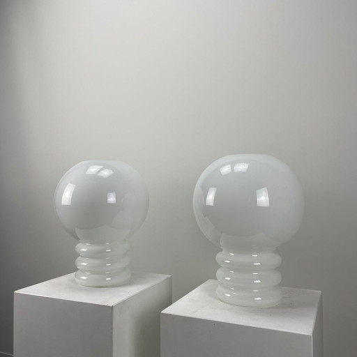 Pair Of White Glass Table Lamps Bulb By Glashütte Limburg 1979