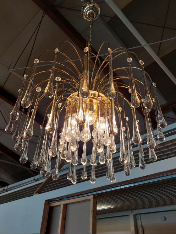 Image 1 of Large Vintage Chandelier Teardrop Glass Brass