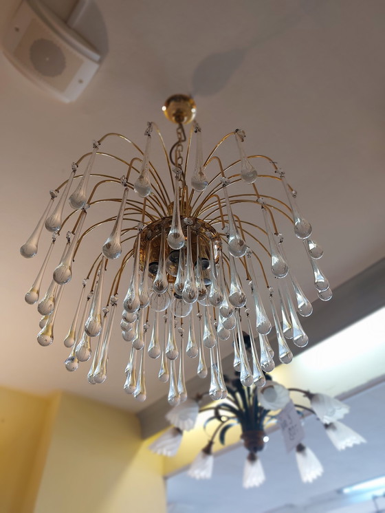 Image 1 of Large Vintage Chandelier Teardrop Glass Brass