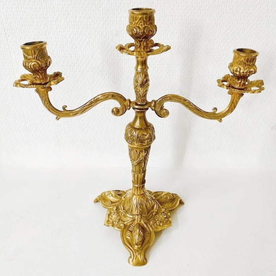 Image 1 of Baroque brass candlestick 3 arms Art Nouveau 1930's