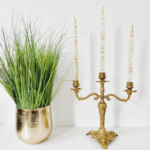 Baroque brass candlestick 3 arms Art Nouveau 1930's