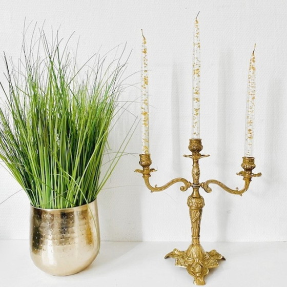 Image 1 of Baroque brass candlestick 3 arms Art Nouveau 1930's