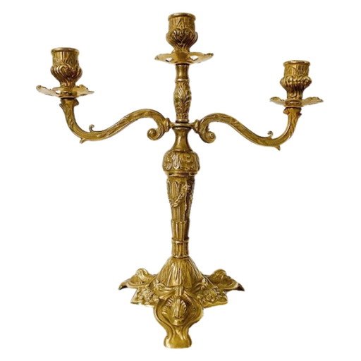 Baroque brass candlestick 3 arms Art Nouveau 1930's