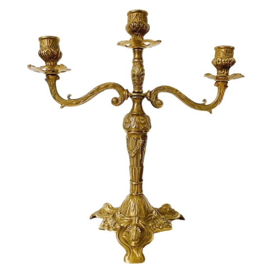 Image 1 of Baroque brass candlestick 3 arms Art Nouveau 1930's