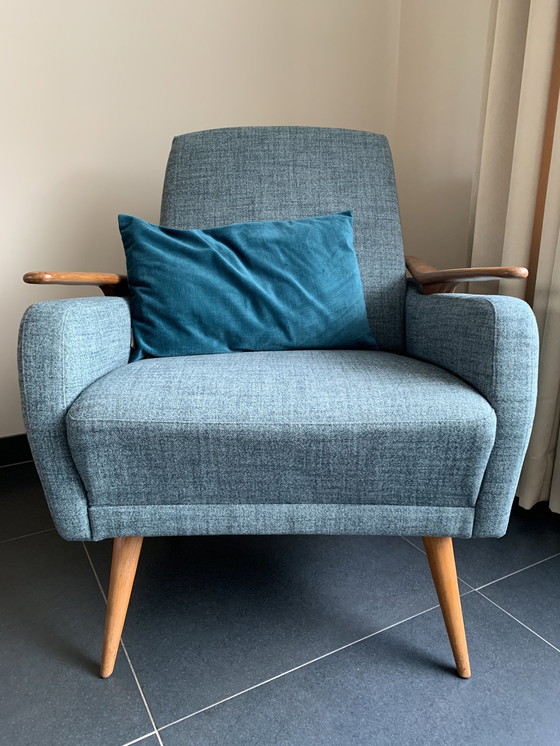 Image 1 of Completely Reupholstered Mid - Century Armchair In Gray Green Fabric And Wood