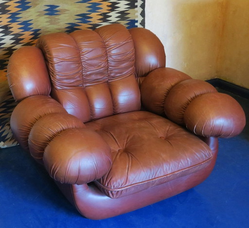 Italian Voluminous Lounge Chair In Leather, 1970S