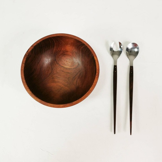 Image 1 of Vintage teak bowl with metal and rosewood salad spoons, Denmark 1960