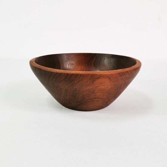 Image 1 of Vintage teak bowl with metal and rosewood salad spoons, Denmark 1960