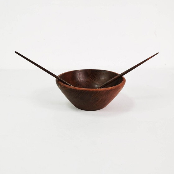 Image 1 of Vintage teak bowl with metal and rosewood salad spoons, Denmark 1960