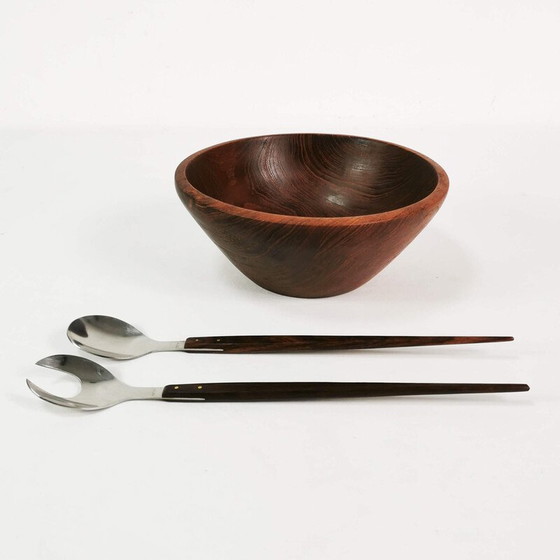 Image 1 of Vintage teak bowl with metal and rosewood salad spoons, Denmark 1960